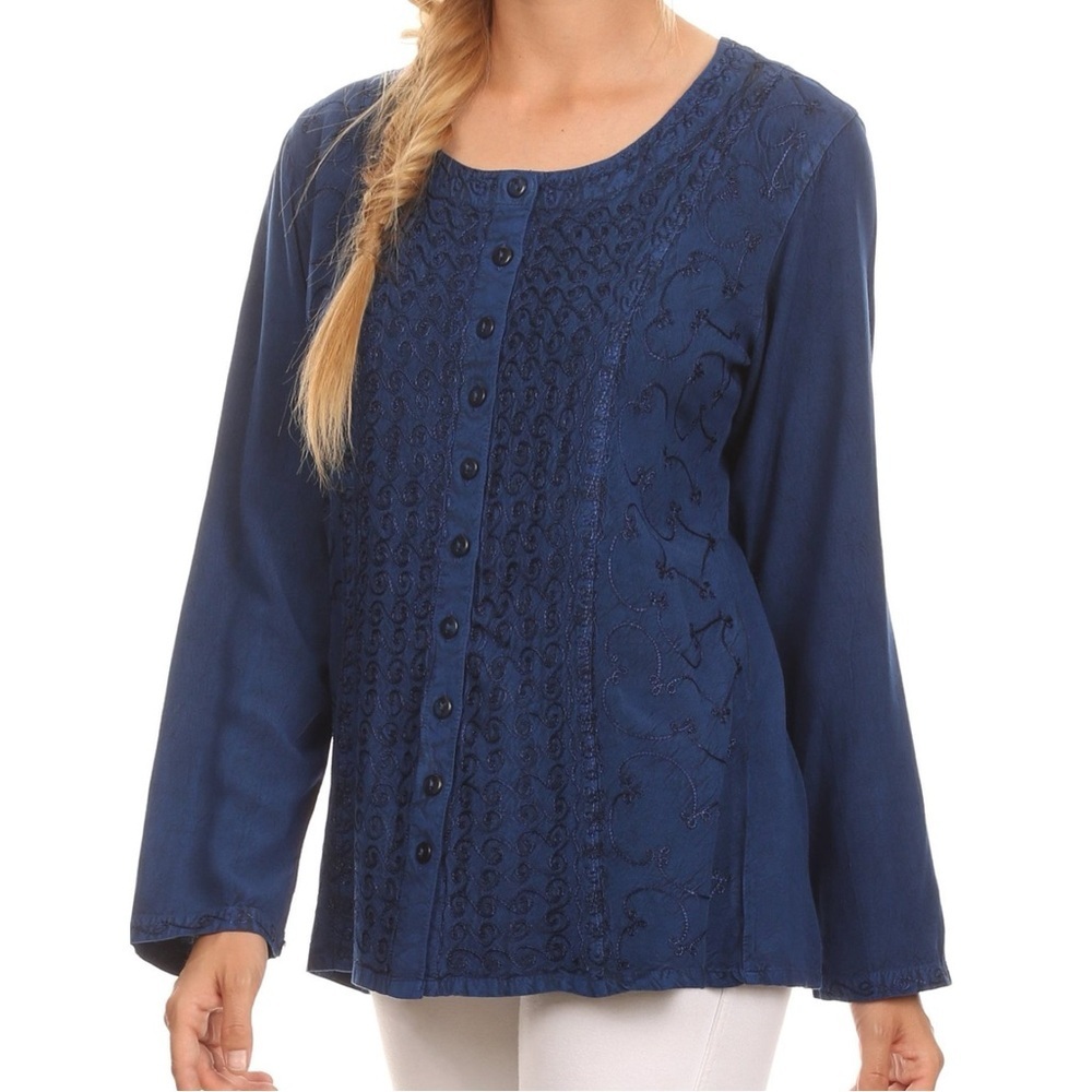 Sakkas Fedella Deep Scoop Neck Longsleeve Top Adjustable Back Straps Blue 1X/2X